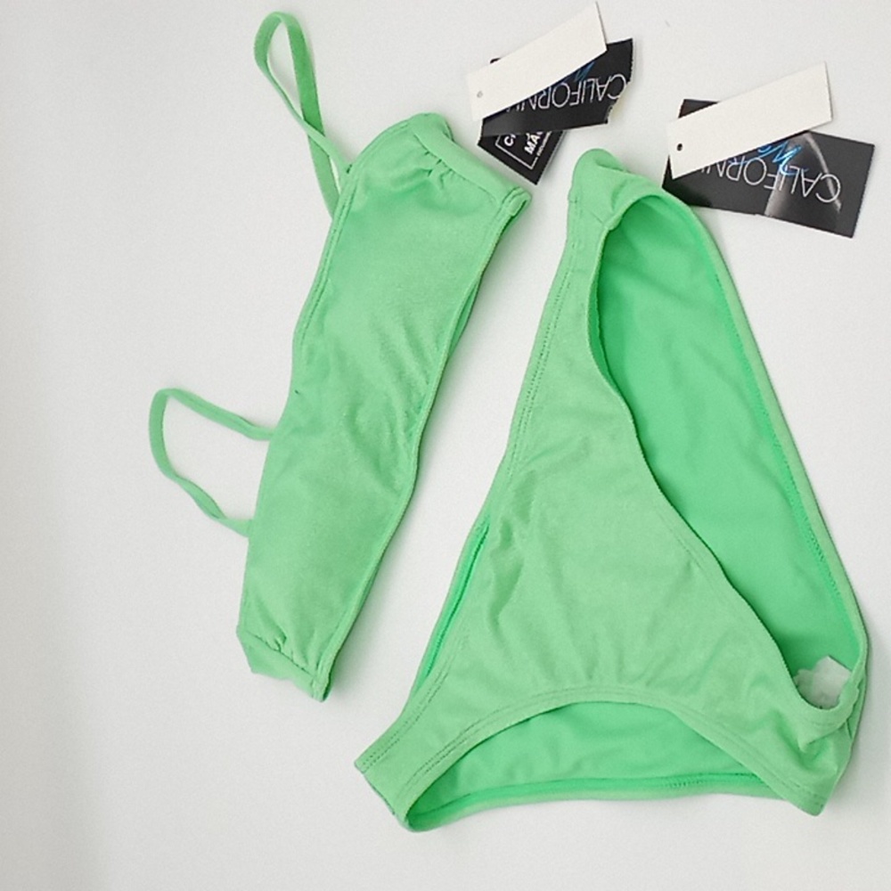 California Waves Metallic Shine Bandeau Top Hipster Bottom Bikini Set Mint Green